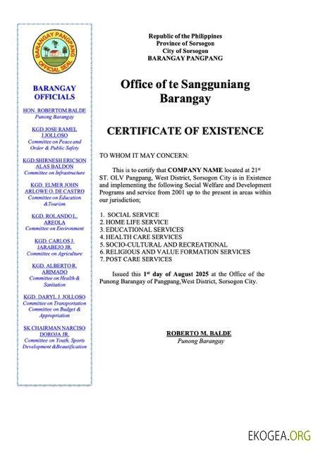 Modèle Word et PDF de certificat d'existence des Philippines template Modèle Word et PDF de certificat d'existence des Philippines template